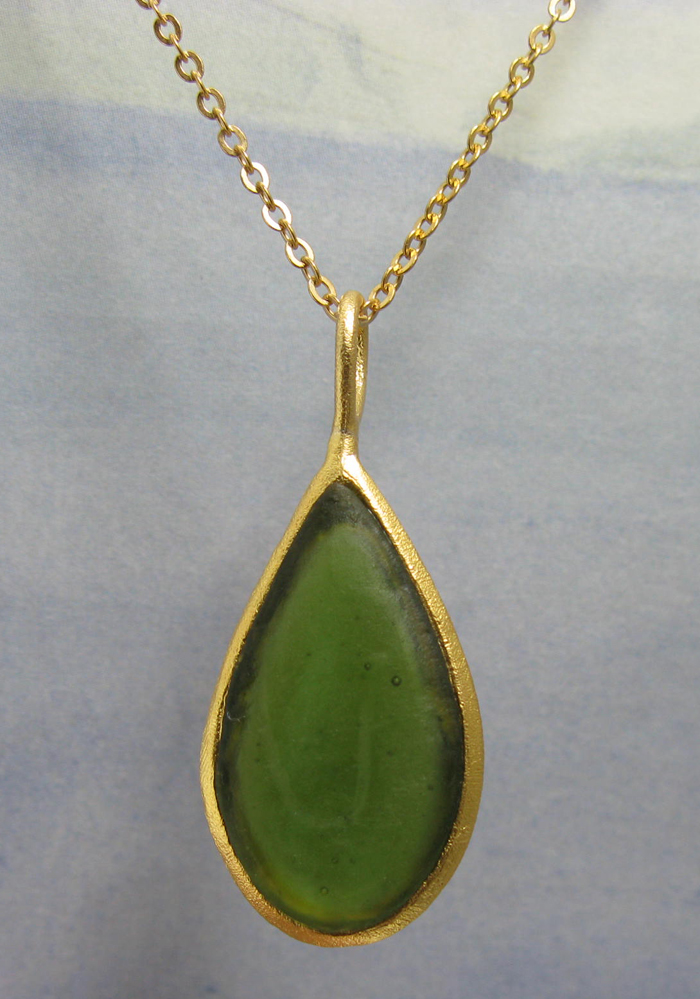 Cast Glass Pear Shape Necklace in Olive
